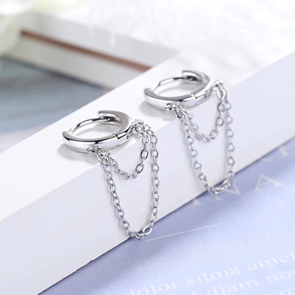 NEW Silver Gold Punk Style Double Layer Chain Hoop Earring - Picture 5 of 7